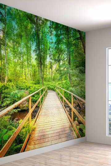 3 Boyutlu, Ahşap Köprü Duvar Kağıdı, Orman Desenli, Yeşil Renkli, Doğa Manzara, Salon Duvar Kağıdı