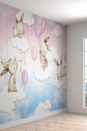 3 Boyutlu Mutlu Tavşanlar Desenli Çocuk Odası Kumaş Duvar Kağıdı - En X Boy