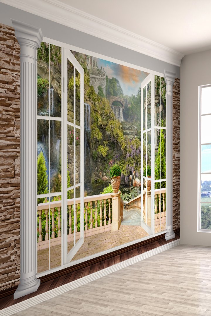 3D Açık Pencere Balkon ve Şelale Manzaralı Tek Parça Duvar Kağıdı