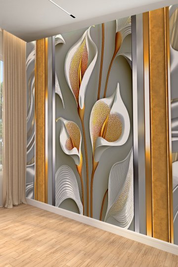 3D Altın Detaylı Kala Çiçeği Desenli Tekstil Duvar Kağıdı