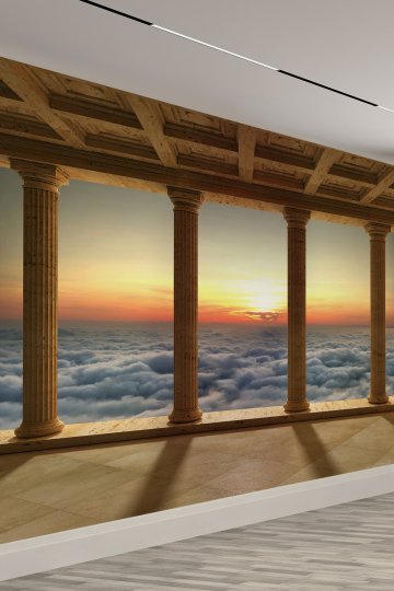 3D Antik Sütunlu Teras ve Gün Batımı Manzaralı Tek Parça Duvar Kağıdı