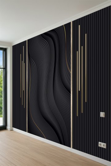 3D Derinlik Etkili Akışkan Dalga Formlu- Altın Çizgi Detaylı Tekstil Duvar Kağıdı