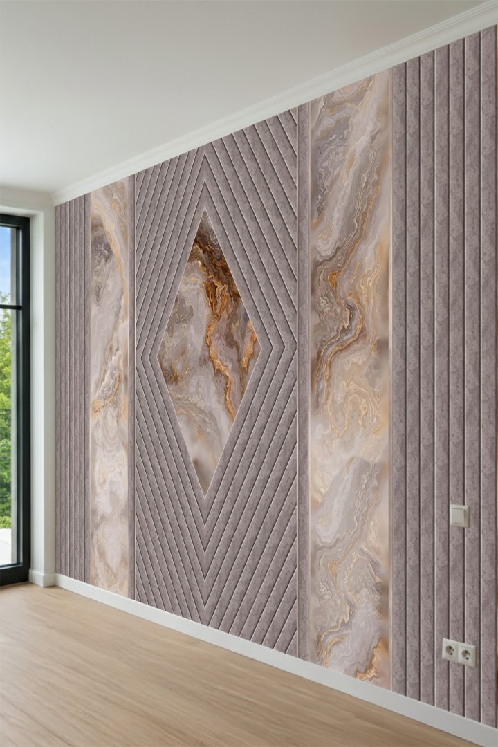 3D Geometrik Formlu Modern Panel ve Mermer Dokulu Tek Parça Tekstil Duvar Kağıdı