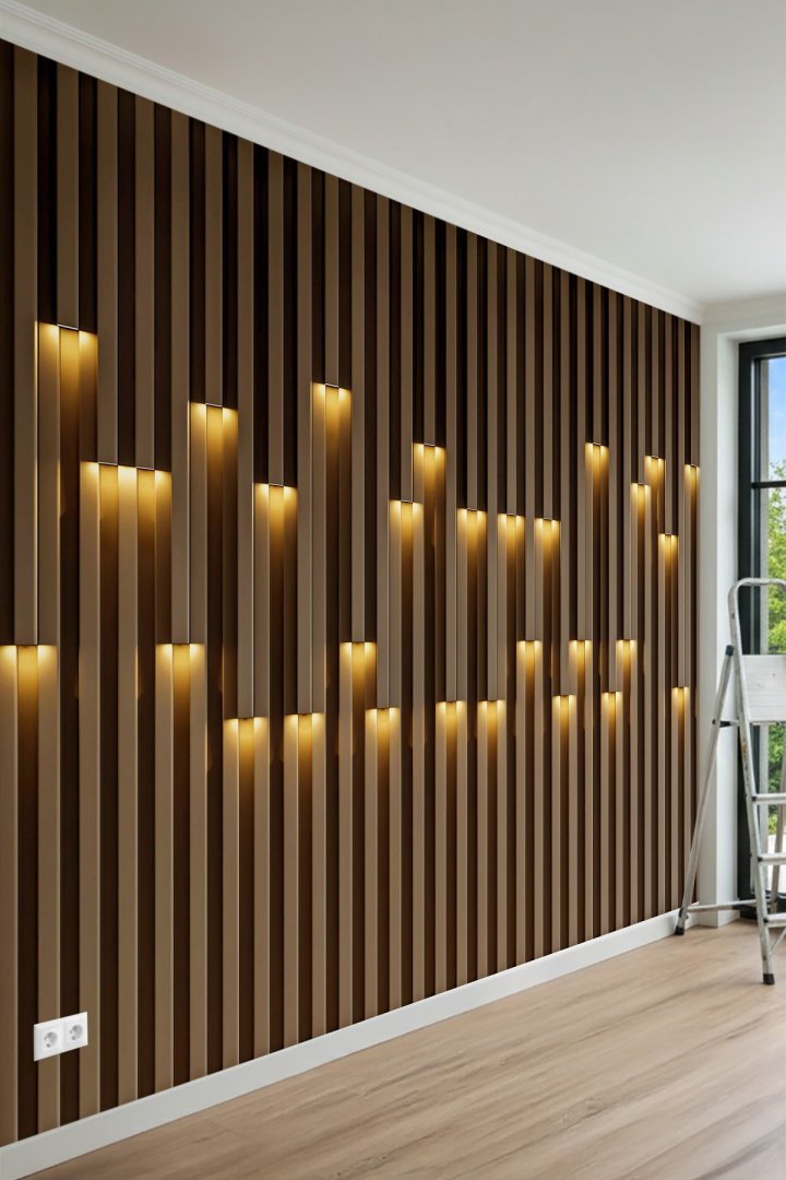3D Görünümlü Modern Çıta ve Led kalp Işık Desenli Tek Parça Tekstil Duvar Kağıdı 