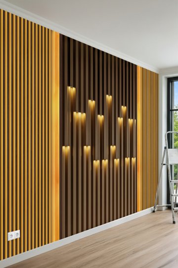 3D Görünümlü Modern Çıta ve Led Panel Desenli Tek Parça Tekstil Duvar Kağıdı 