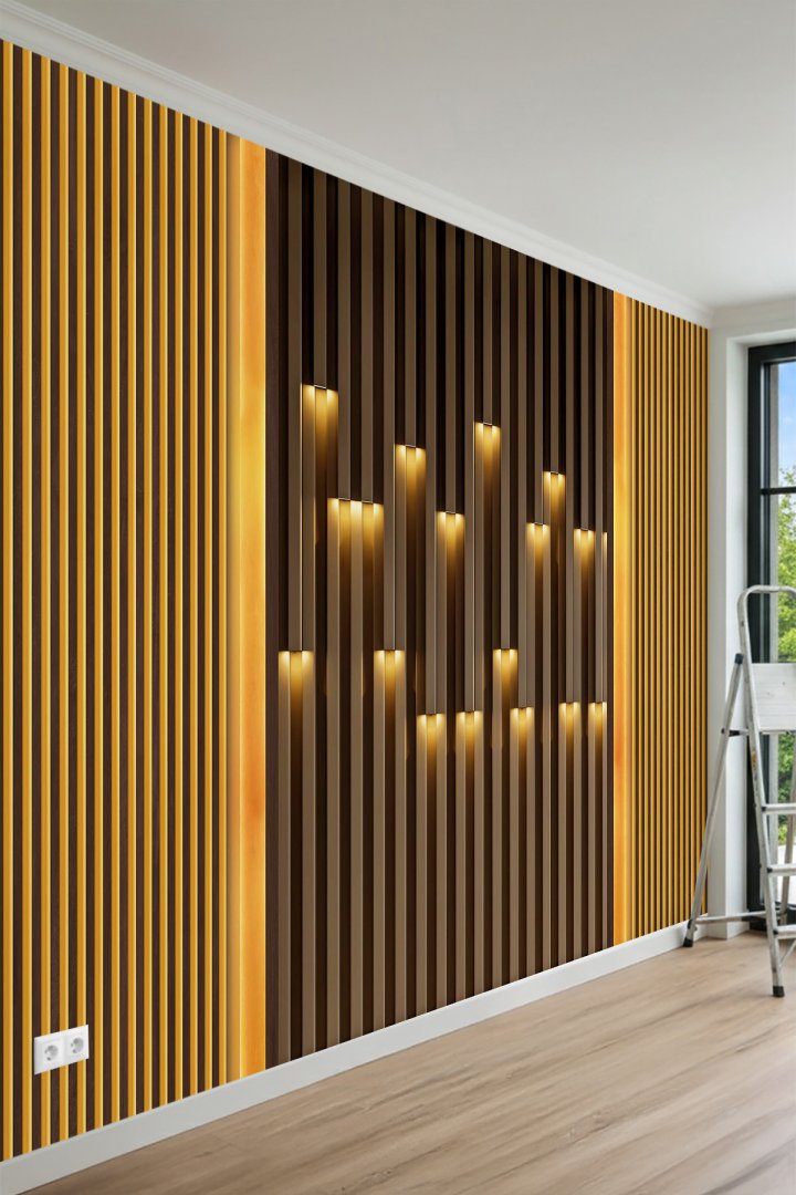 3D Görünümlü Modern Çıta ve Led Panel Desenli Tek Parça Tekstil Duvar Kağıdı 