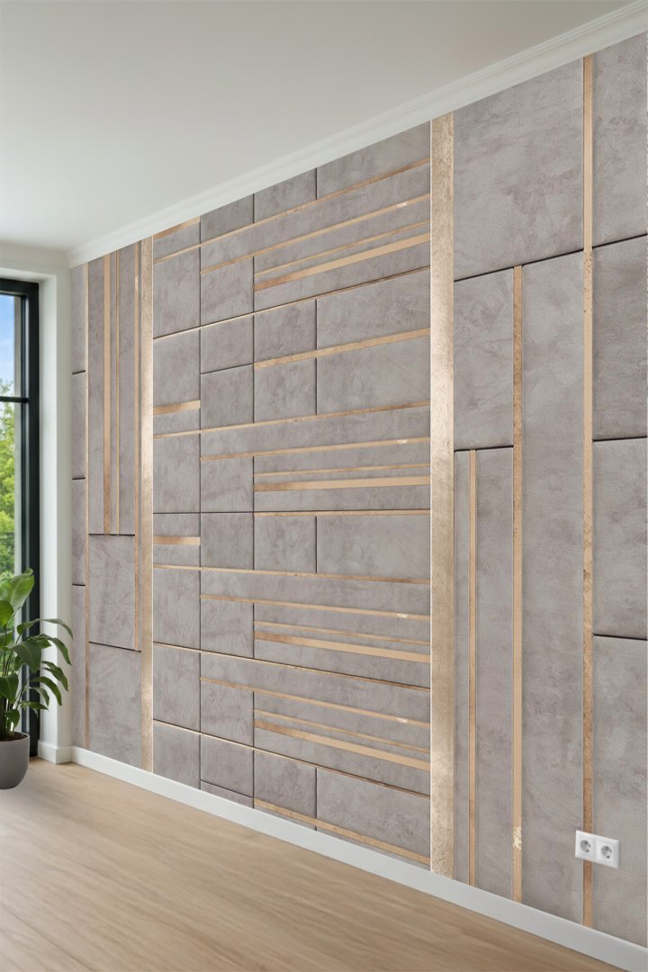 3D Görünümlü Modern Panel ve Yatay Çizgili Desenli Tek Parça Tekstil Duvar Kağıdı 