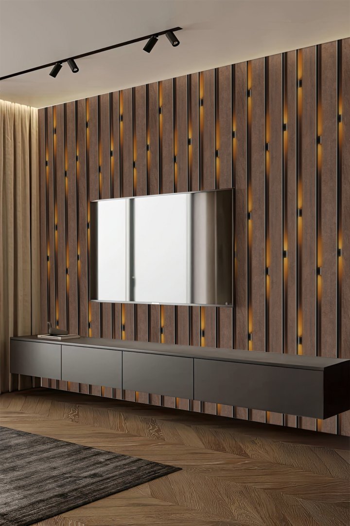 3D Kalın Ahşap LED Çizgili Panel Duvar Kağıdı – Tek Parça, Özel Ölçü, Kolay Uygulama
