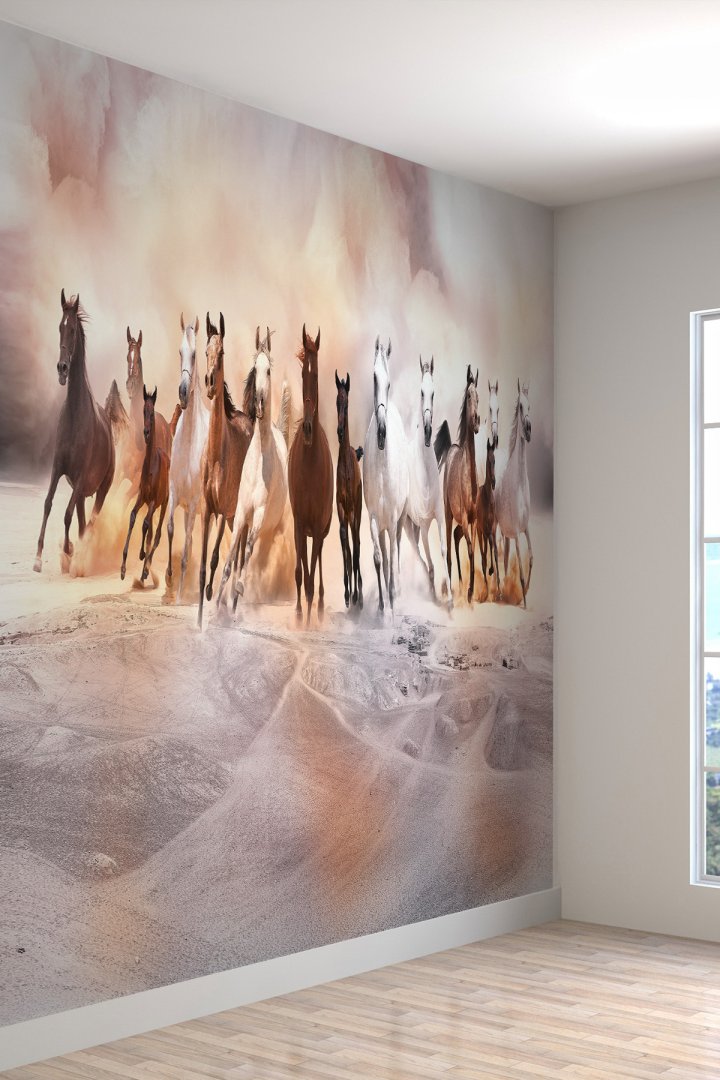 3D Koşan Atlar Desenli Isı Ve Ses Yalıtımlı Sağlıklı Tekstil Duvar Kağıdı