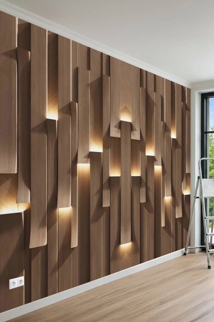  3D Modern Blok Panel ve Dikey Çizgi Desenli Tek Parça Tekstil Duvar Kağıdı 