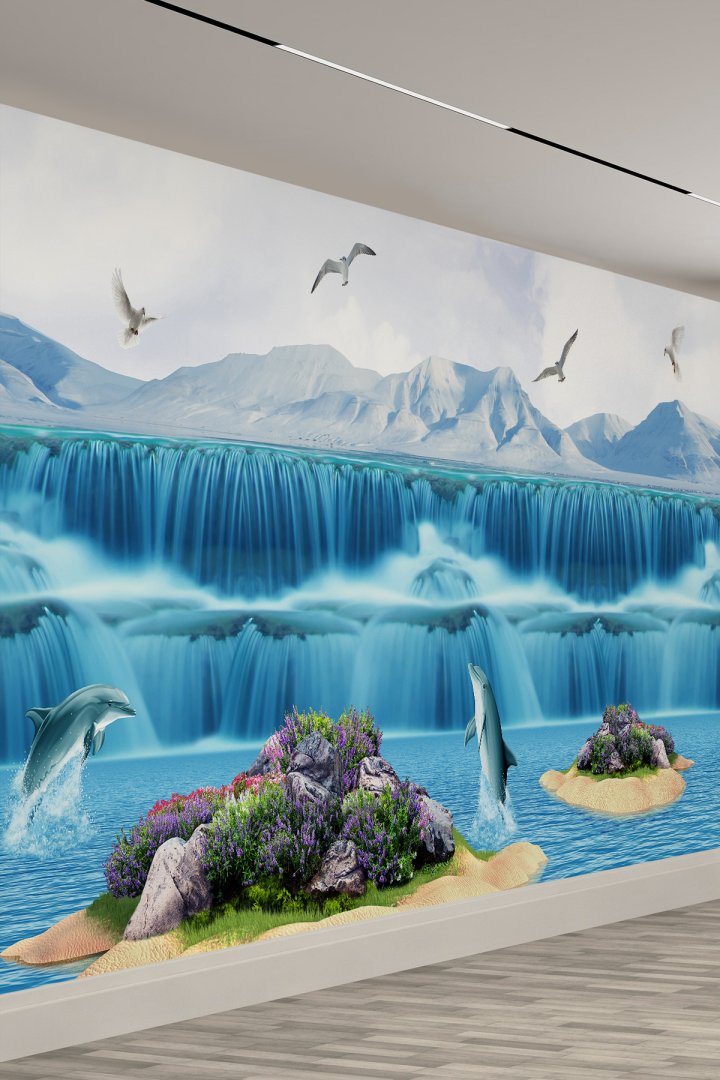 3D Şelale ve Yunus Desenli Tekstil Duvar Kağıdı