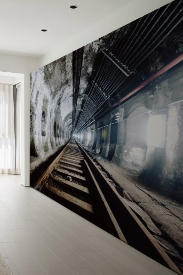 3D Tren Tüneli Derinlik Efektli Tek Parça Duvar Kağıdı