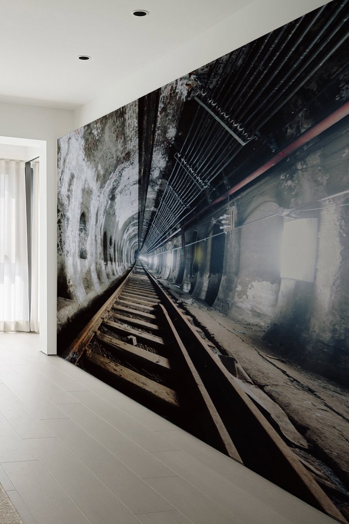 3D Tren Tüneli Derinlik Efektli Tek Parça Duvar Kağıdı