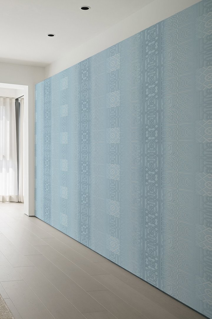 Açık Mavi Vintage Osmanlı DesenTek Parça Tekstil Duvar Kağıdı –