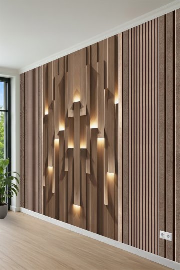 Ahşap Blok ve Dikey Kanallı Işık Desenli Tek Parça Tekstil Duvar Kağıdı 