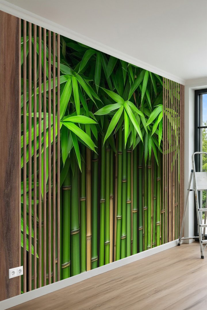 Ahşap Çıta Görünümlü ve Bambu Ormanı Desenli Tek Parça Tekstil Duvar Kağıdı 
