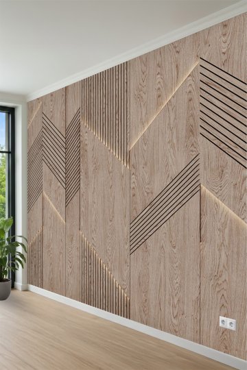 Ahşap Doku ve Geometrik Çıta Desenli Tek Parça Tekstil Duvar Kağıdı 