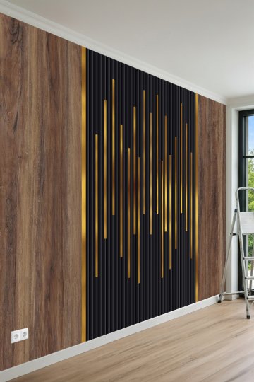Ahşap Dokulu Panel ve İnce Kanallı Modern Desenli Tek Parça Tekstil Duvar Kağıdı 