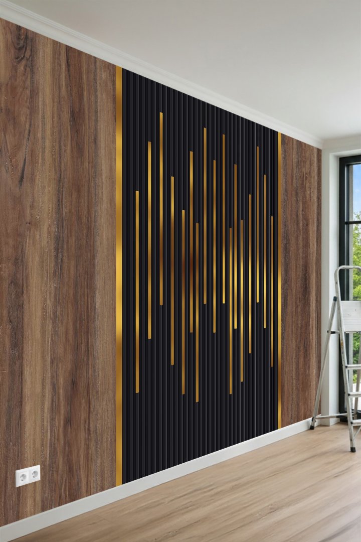 Ahşap Dokulu Panel ve İnce Kanallı Modern Desenli Tek Parça Tekstil Duvar Kağıdı 