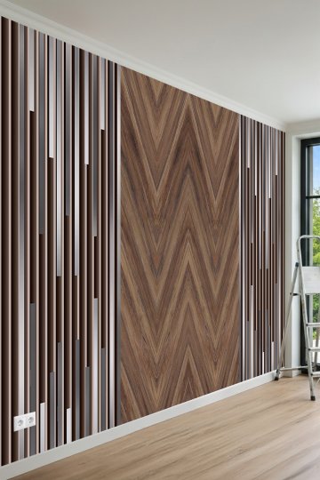 Ahşap Görünümlü Yan Paneller ve Zigzag Ahşap Doku Desenli Tek Parça Tekstil Duvar Kağıdı 