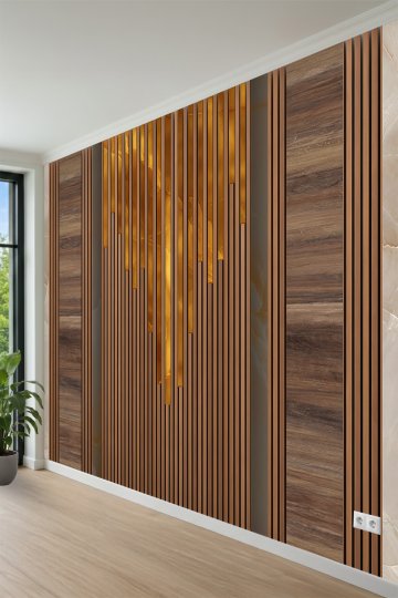 Ahşap Panel, Dikey Çıtalar ve Damarlı Mermer Desenli Tek Parça Tekstil Duvar Kağıdı küçük görsel 3