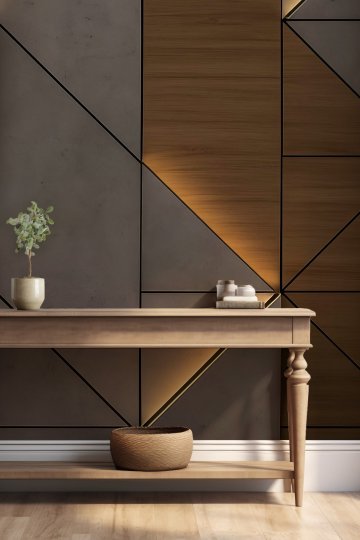 Ahşap ve Beton Geometrik Panelli ve Işık Görünümlü Tek Parça Tekstil Duvar Kağıdı küçük görsel 2