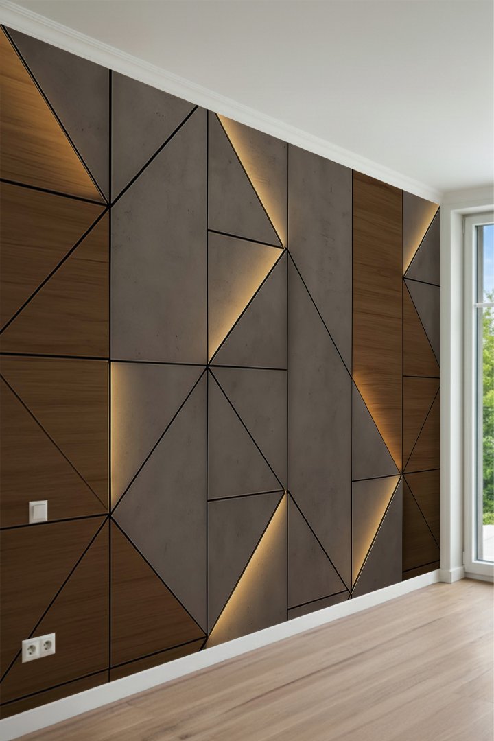 Ahşap ve Beton Geometrik Panelli ve Işık Görünümlü Tek Parça Tekstil Duvar Kağıdı
