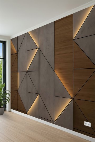 Ahşap ve Beton Geometrik Panelli ve Işık Görünümlü Tek Parça Tekstil Duvar Kağıdı küçük görsel 3