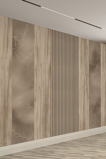Ahşap ve Mermer Çıtalı Modern Panel Tek Parça Tekstil Duvar Kağıdı