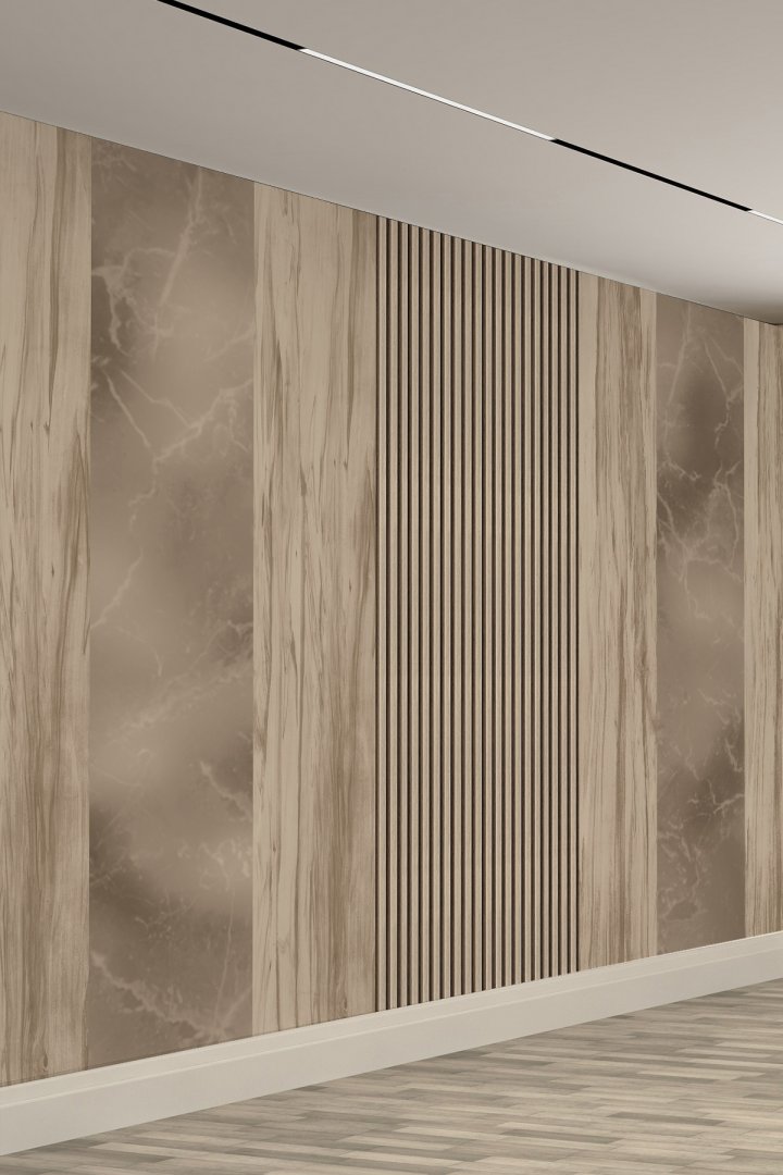 Ahşap ve Mermer Çıtalı Modern Panel Tek Parça Tekstil Duvar Kağıdı