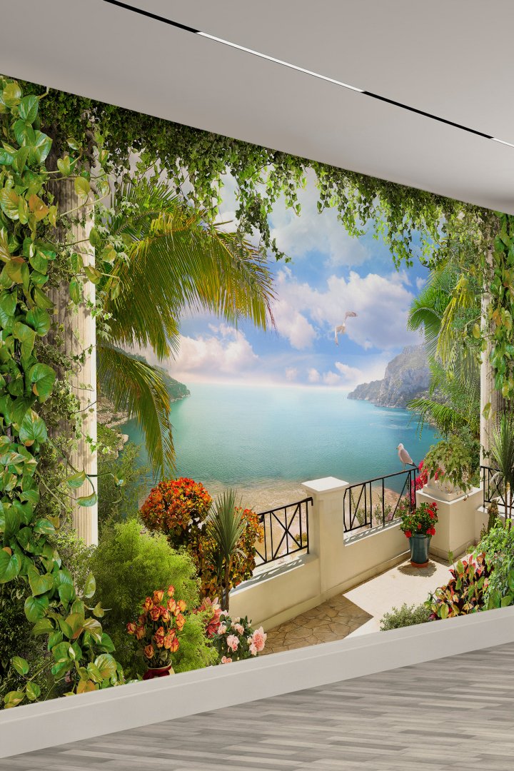 Akdeniz Balkon Manzarası Tek Parça Tekstil Duvar Kağıdı