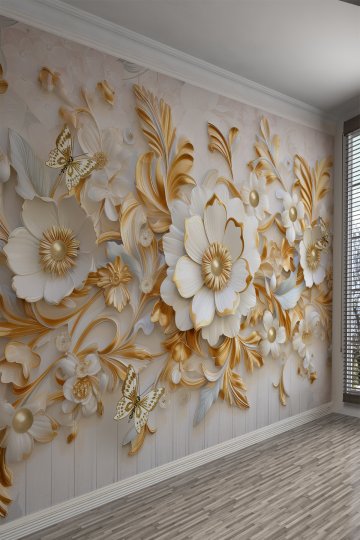 Altın Detaylı 3D Beyaz Çiçekli İncili ve Kelebekli Tekstil Duvar Kağıdı