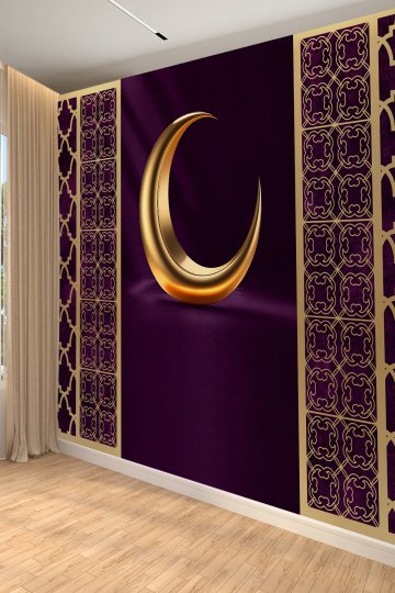Altın Hilal ve Osmanlı Motifli Mor Tekstil Duvar Kağıdı