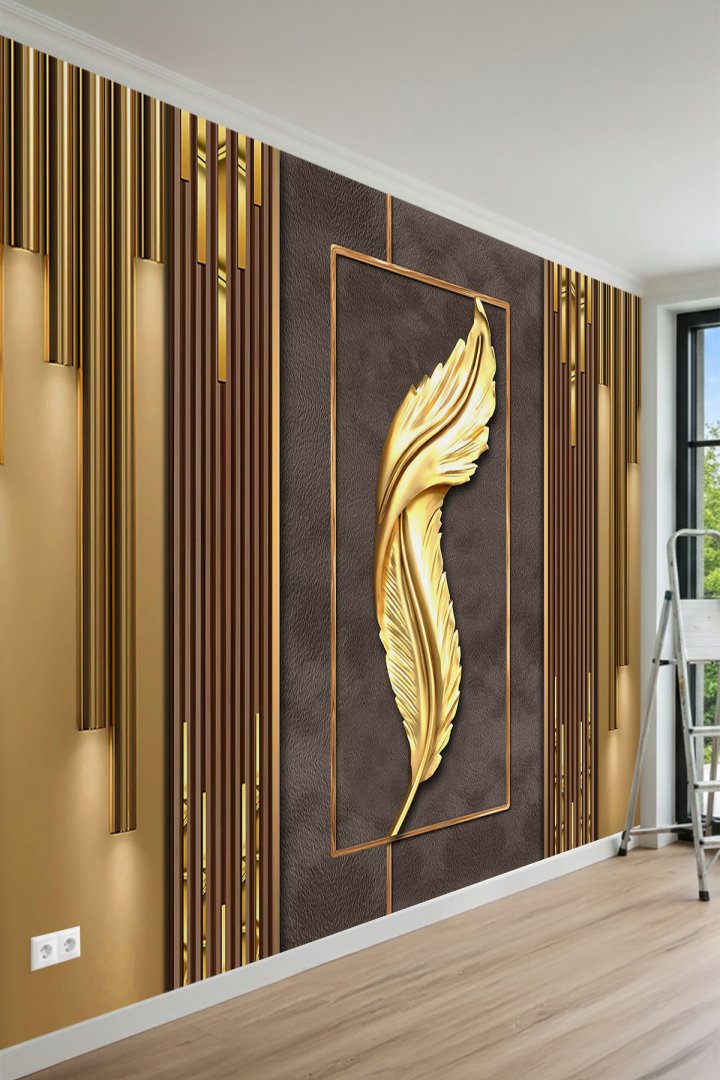 Altın Tüy Figürlü Modern Geometrik Panel Desenli Tek Parça Tekstil Duvar Kağıdı 
