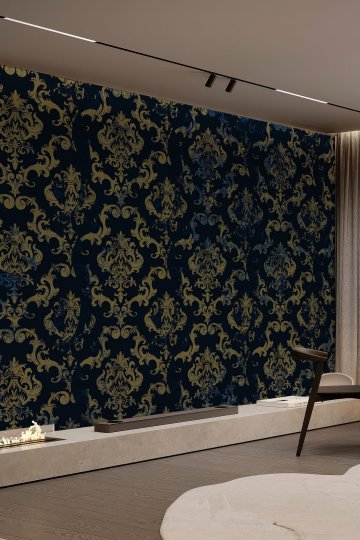 Altın Varaklı Lacivert Damask Tekstil Duvar Kağıdı