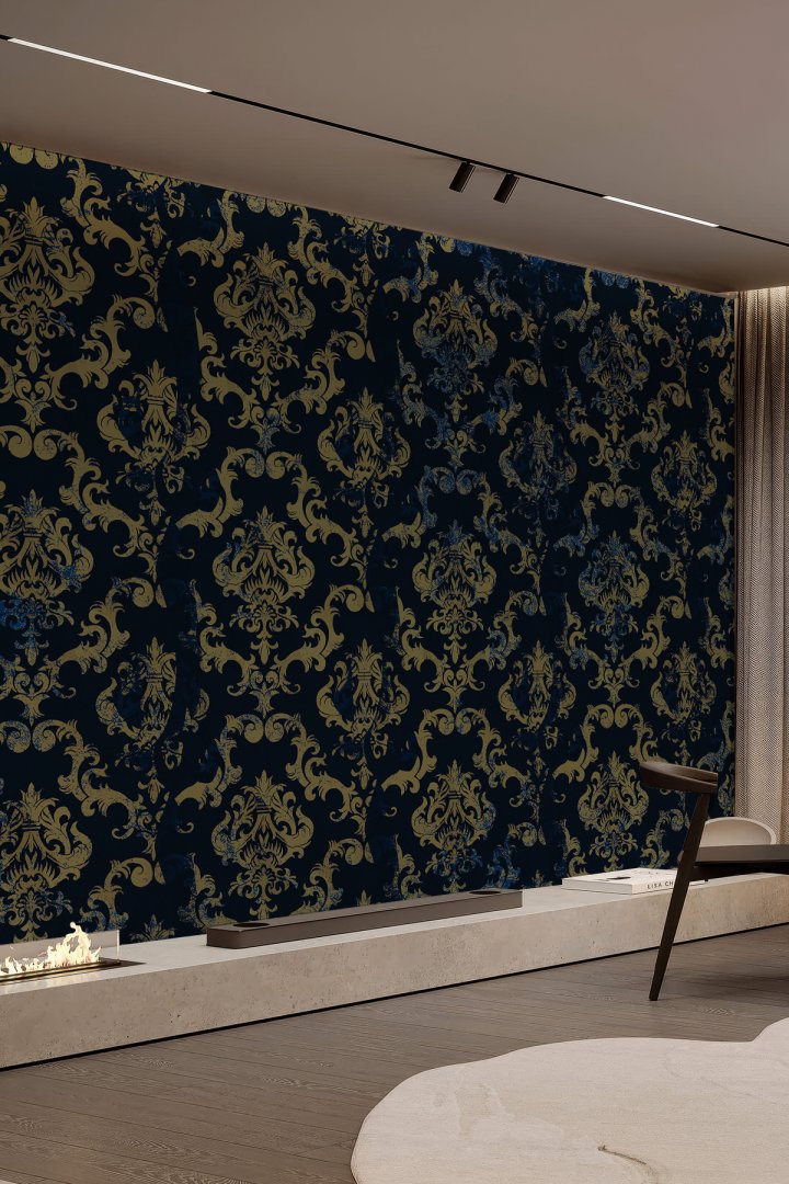 Altın Varaklı Lacivert Damask Tekstil Duvar Kağıdı