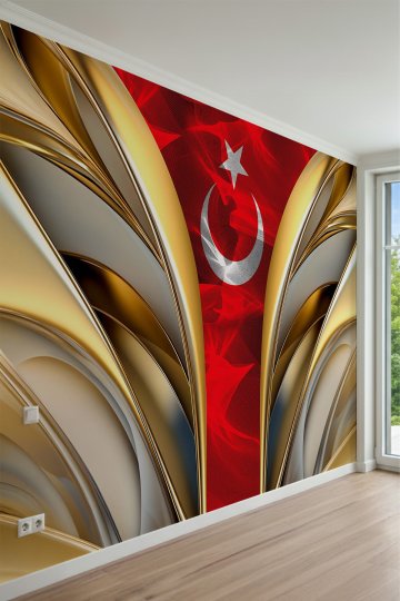 Altın Yaldızlı Mimari Kavisler Arasında Türk Bayrağı Tasarımlı Tek Parça Tekstil Duvar Kağıdı küçük görsel 2