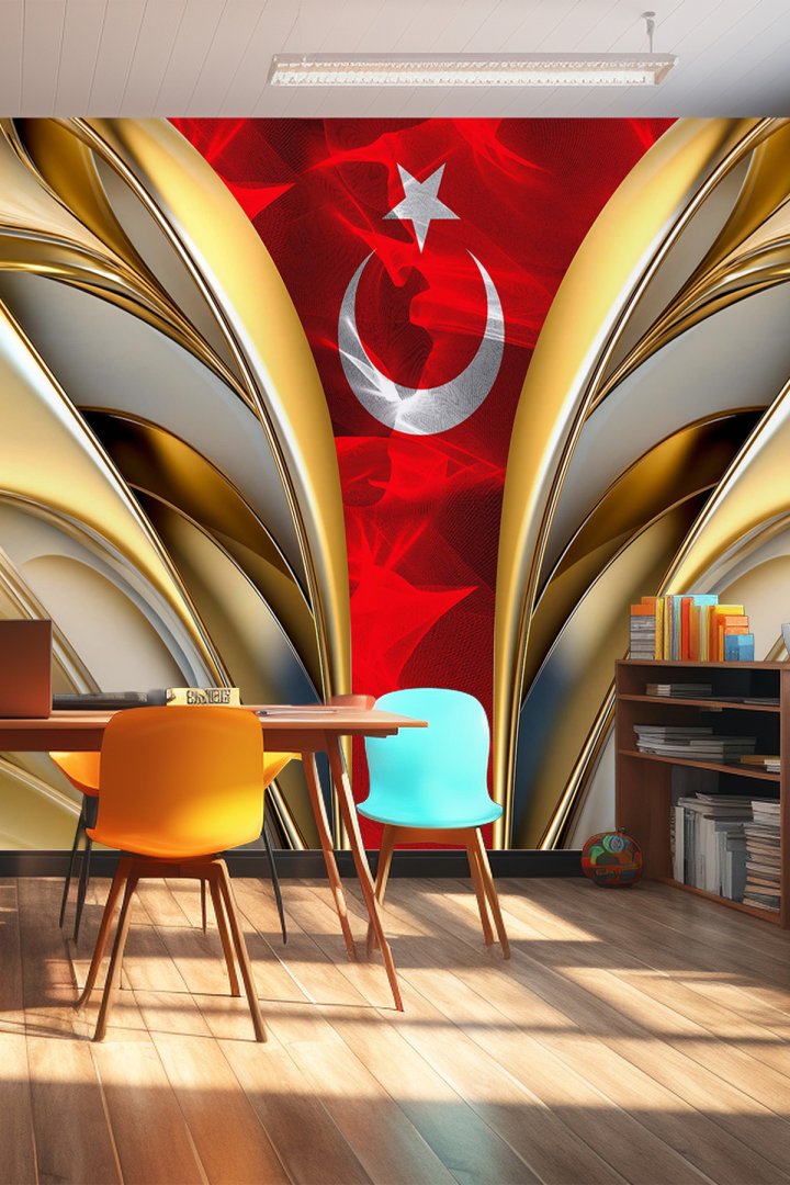 Altın Yaldızlı Mimari Kavisler Arasında Türk Bayrağı Tasarımlı Tek Parça Tekstil Duvar Kağıdı
