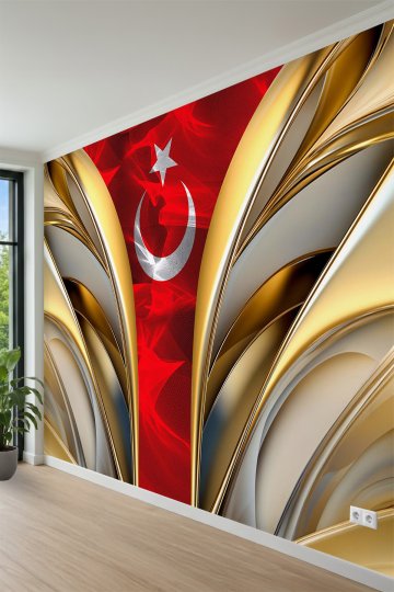 Altın Yaldızlı Mimari Kavisler Arasında Türk Bayrağı Tasarımlı Tek Parça Tekstil Duvar Kağıdı küçük görsel 3