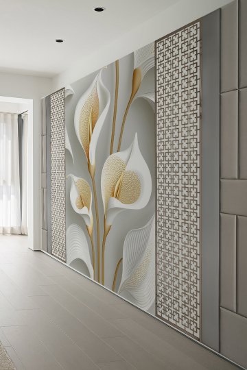 Altın Zambak Çiçekli Geometrik Panelli Tekstil Duvar Kağıdı