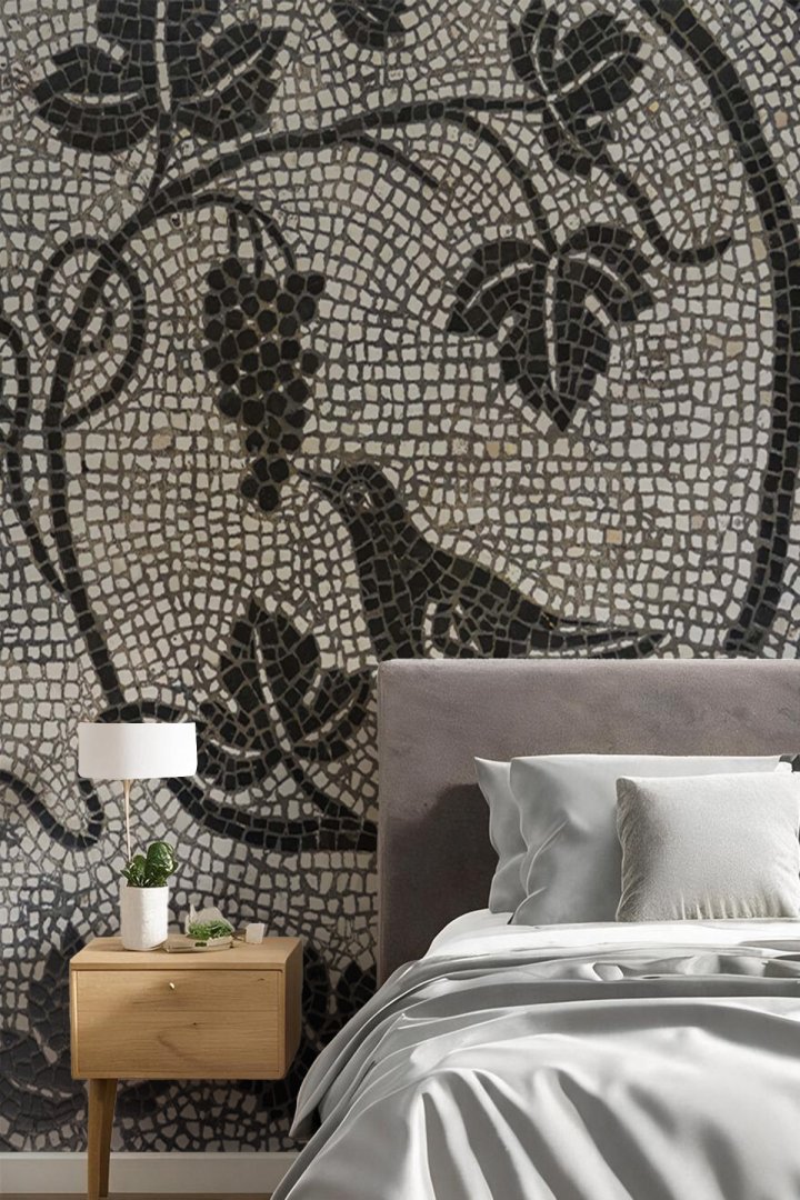 Antik Mozaik Desenli Kuş ve Üzüm Salkımı Motifli Tek Parça Tekstil Duvar Kağıdı