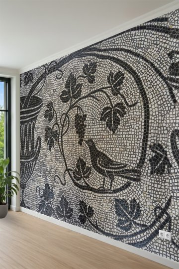 Antik Mozaik Desenli Kuş ve Üzüm Salkımı Motifli Tek Parça Tekstil Duvar Kağıdı küçük görsel 3