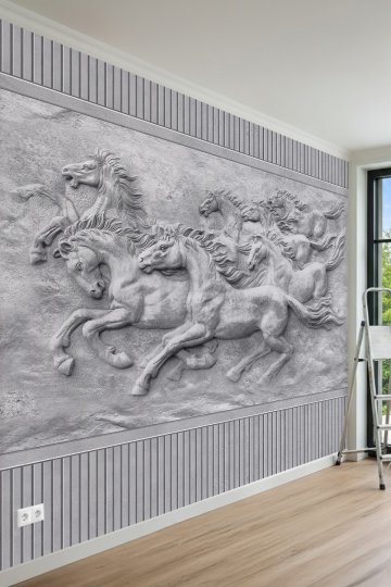  Antik Rölyef At Motifli 3D Tek Parça Tekstil Duvar Kağıdı