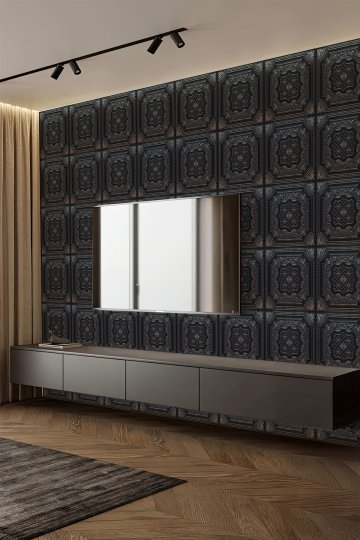 Antik Siyah Gümüş Kare Motifli Tekstil Duvar Kağıdı