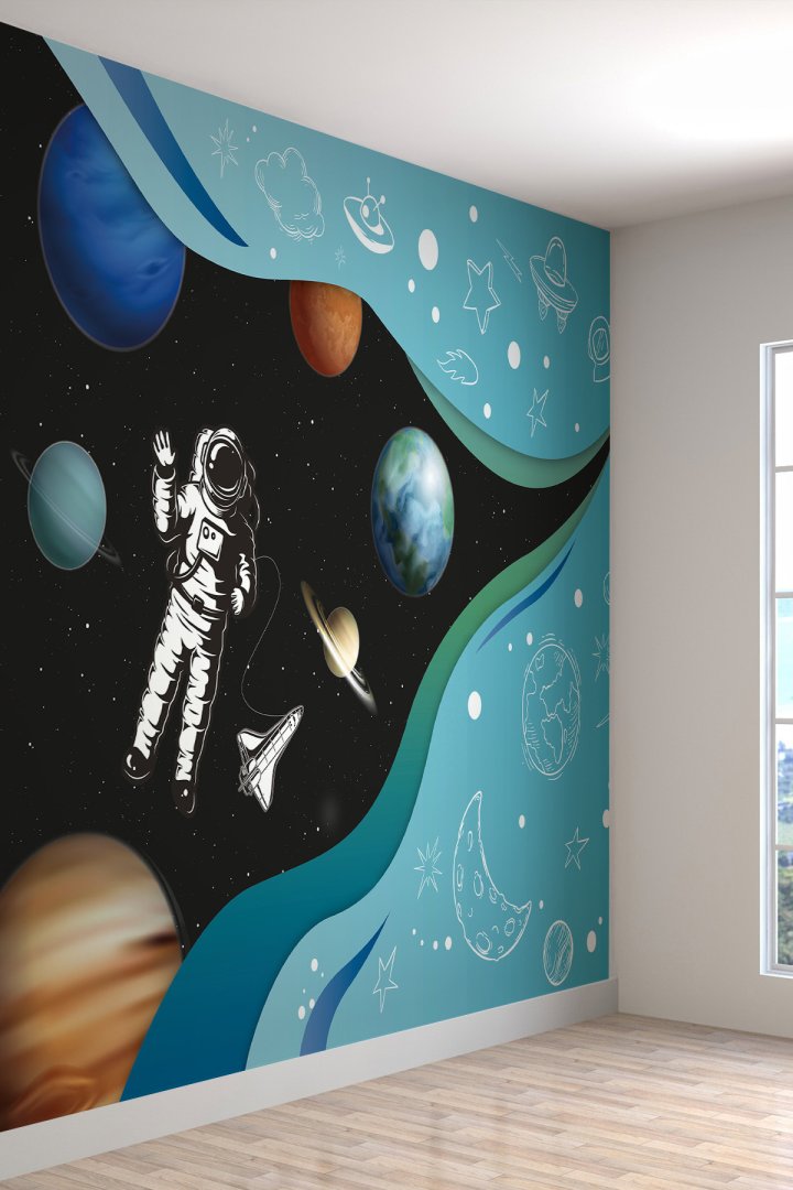 Astronat Ve Uzay Desenli Silinebilir Tekstil Duvar Kağıdı