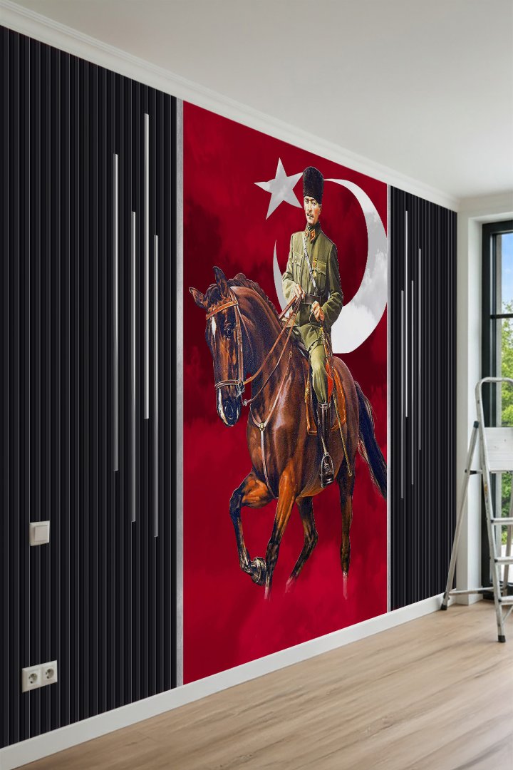 At Üzerinde Atatürk Portreli Modern Tasarımlı Tek Parça Tekstil Duvar Kağıdı