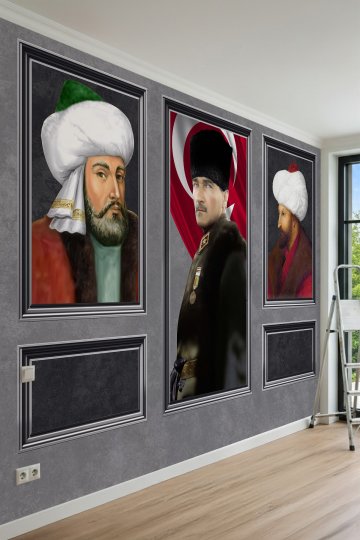 Atatürk Fatih Sultan Mehmet& Ertuğrul Gazi Portreli Tek Parça Tekstil Duvar Kağıdı 