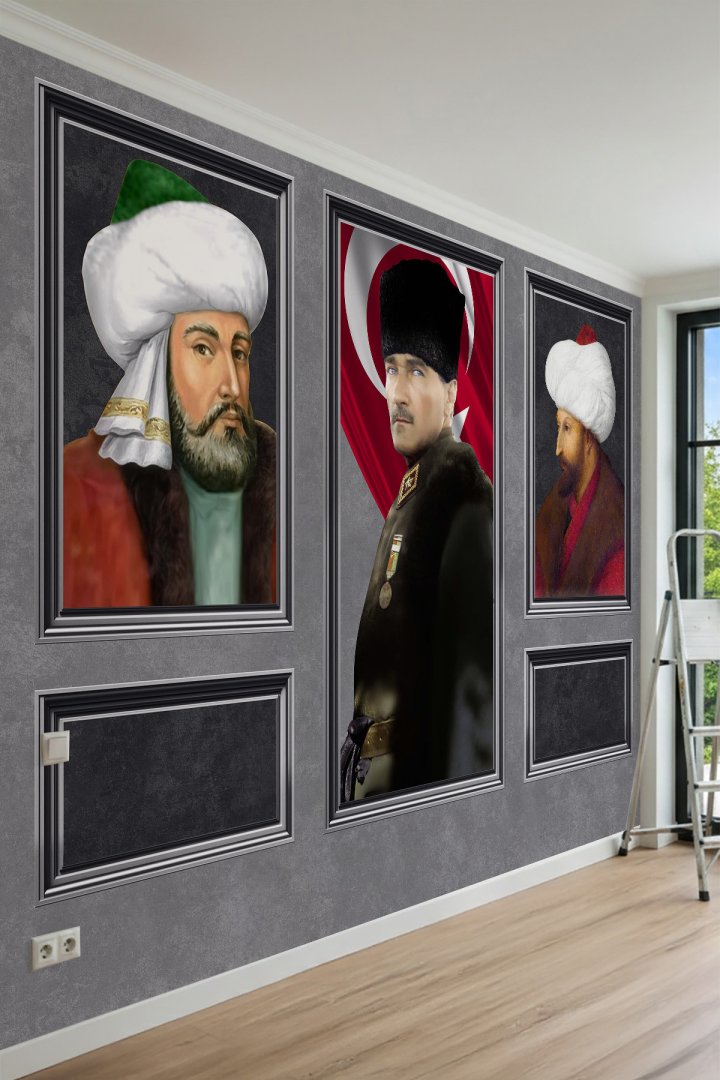 Atatürk Fatih Sultan Mehmet& Ertuğrul Gazi Portreli Tek Parça Tekstil Duvar Kağıdı 