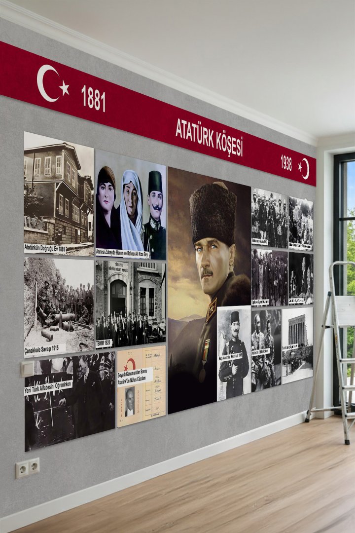 Atatürk Köşesi Temalı Tarihi Fotoğraf Kolajlı Tek Parça Tekstil Duvar Kağıdı