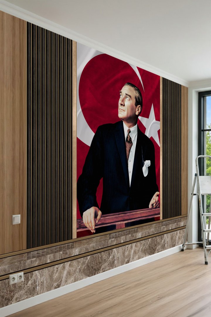  Atatürk Portreli Ahşap ve Mermer Panel Desenli Tek Parça Tekstil Duvar Kağıdı